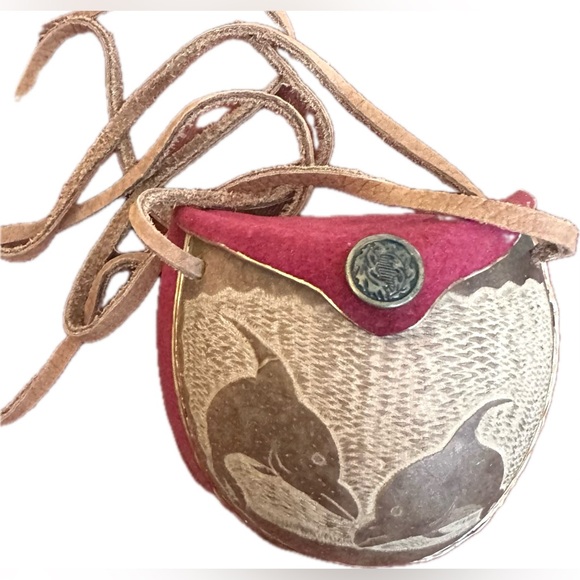 Artisan Handbags - Artisan Handmade Coconut Shell & Suede Leather Bag Purse Hand Carved Dolphins